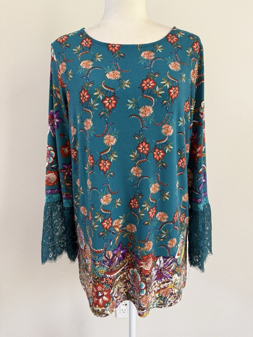 Susan Graver Women Slit Green Floral Lace LS Tunic Top M(XL)